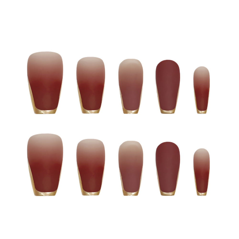 Brown Ombre French Press-On Nails with Gold Tips – 24 False Nails