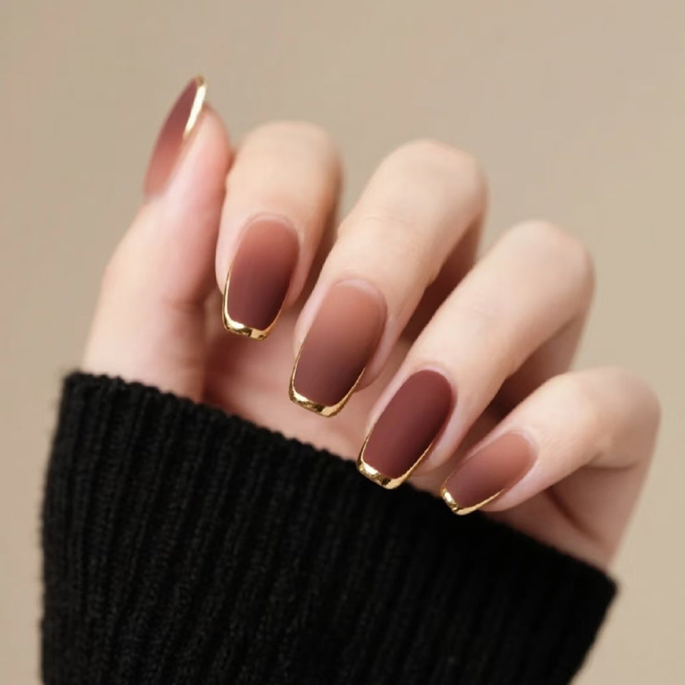 Brown Ombre French Press-On Nails with Gold Tips – 24 False Nails