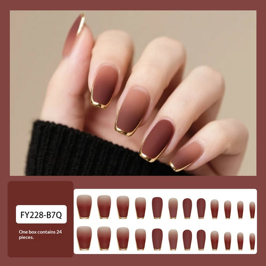 Brown Ombre French Press-On Nails with Gold Tips – 24 False Nails